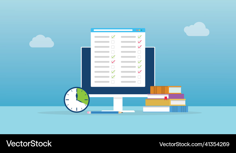 Online test concept with computer and paper fill Online test concept with computer and paper fill vector image