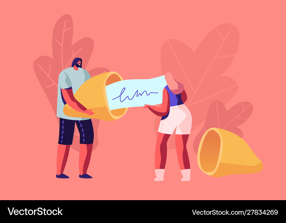 Tiny man and woman holding huge fortune cookie Tiny man and woman holding huge fortune cookie vector image