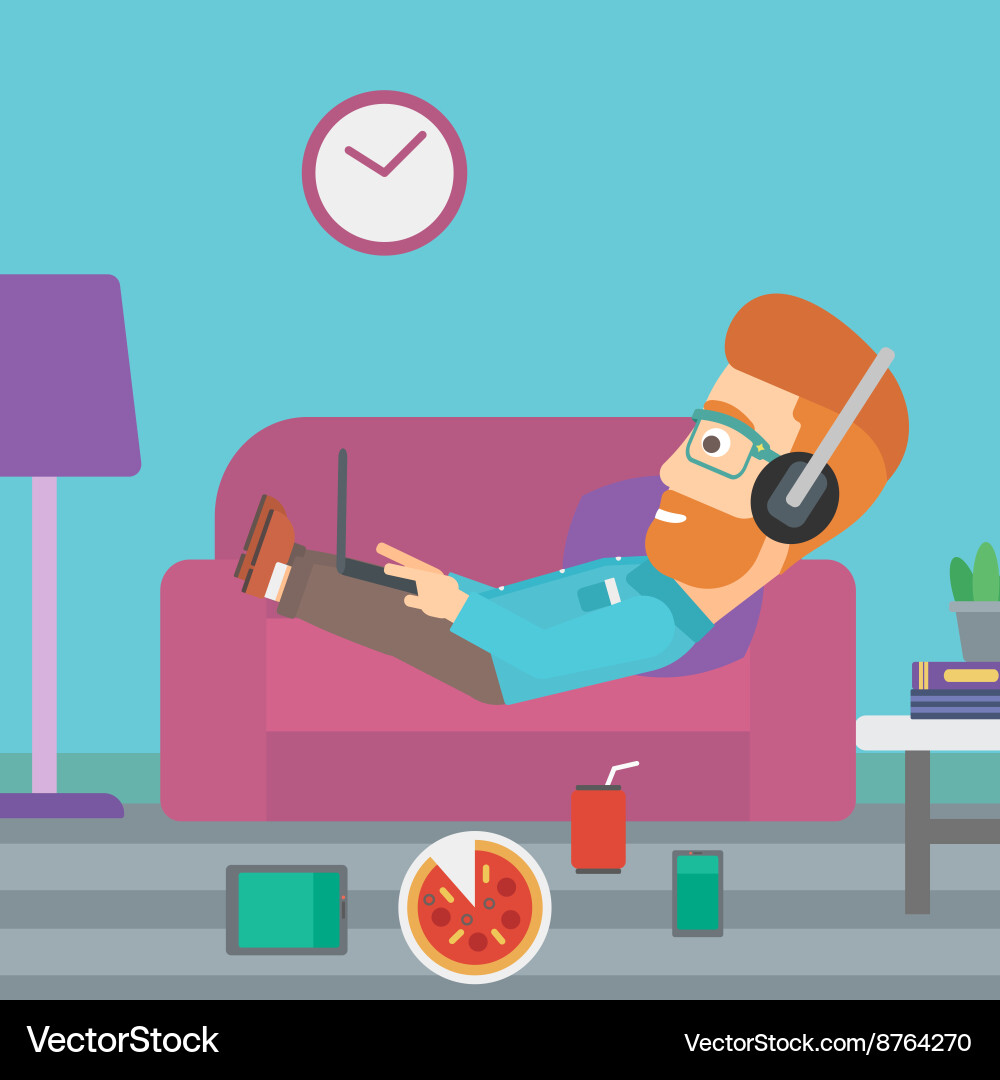 Man lying on sofa with many gadgets Vector Image