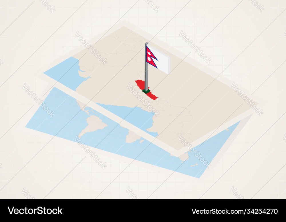 Nepal selected on map with isometric flag Vector Image