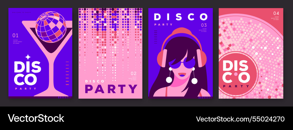 Set Retro Disco Party Plakate mit Ball Set Retro Disco Party Plakate mit Ball Vektorbild