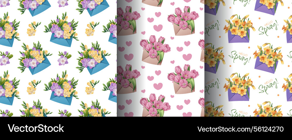 Spring seamless pattern set with daffodils tulips Spring seamless pattern set with daffodils tulips vector image