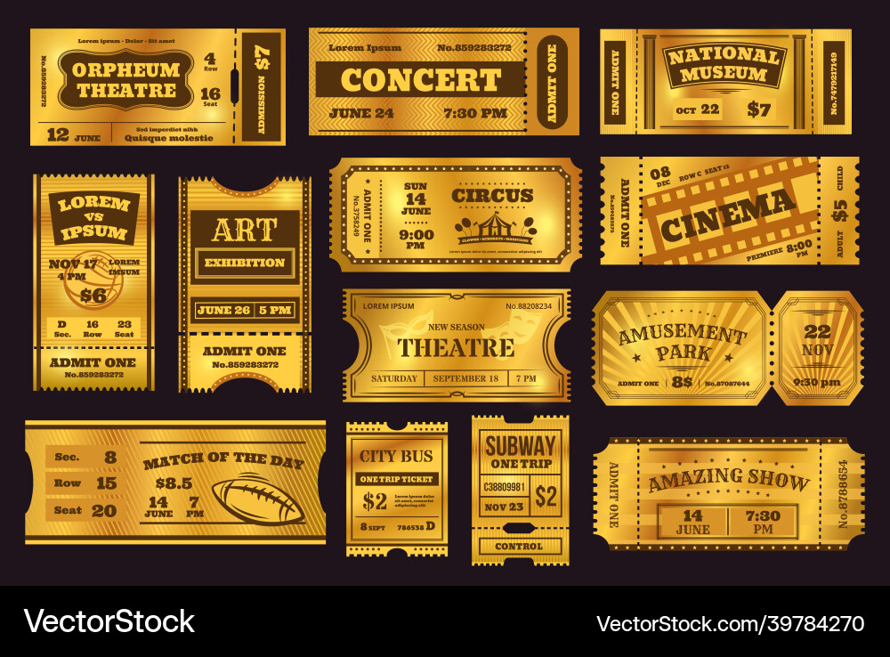 Vintage Golden Ticket Collection Royalty Free Vector Image