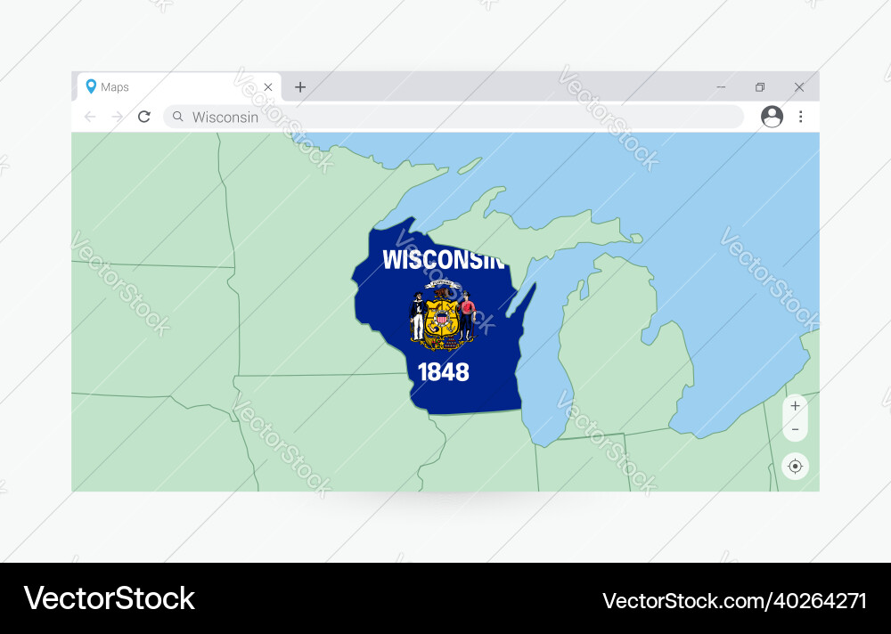Browser window with map of wisconsin searching vector image