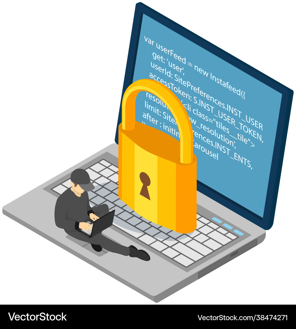 Programmer working on computer near big lock Programmer working on computer near big lock vector image