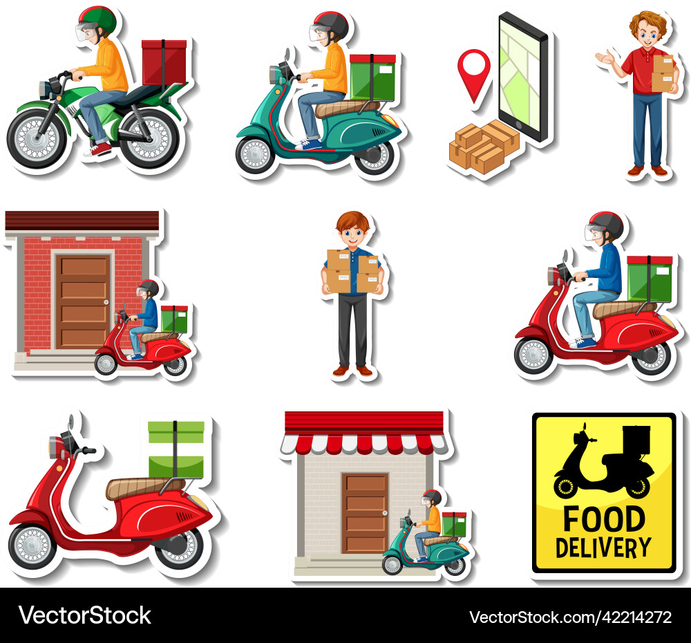 Aufkleber Set von Lieferobjekten und Cartoon Aufkleber Set von Lieferobjekten und Cartoon vektorbild