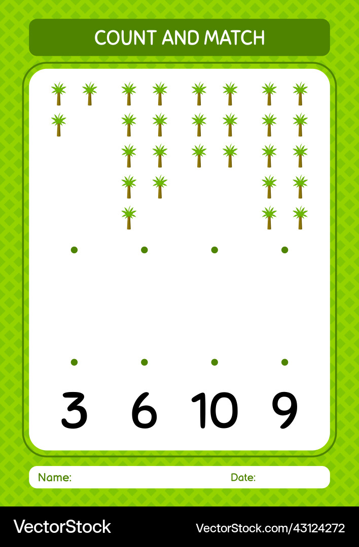 Count and match game with palm tree worksheet Count and match game with palm tree worksheet vector image