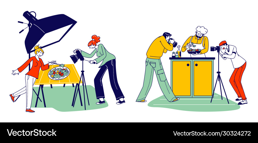 Food photographers characters shooting dishes Food photographers characters shooting dishes vector image
