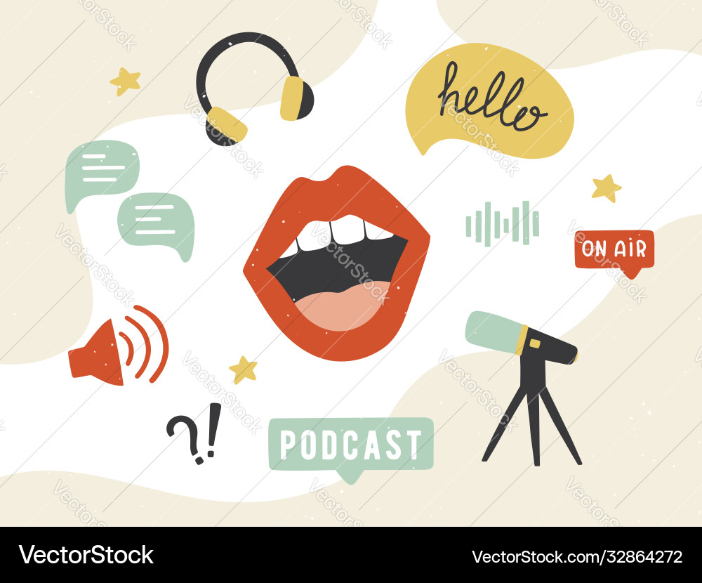 Podcast banner collection podcasting symbols Podcast banner collection podcasting symbols vector image