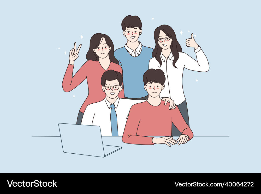 Portrait of smiling employee team work on computer vector image