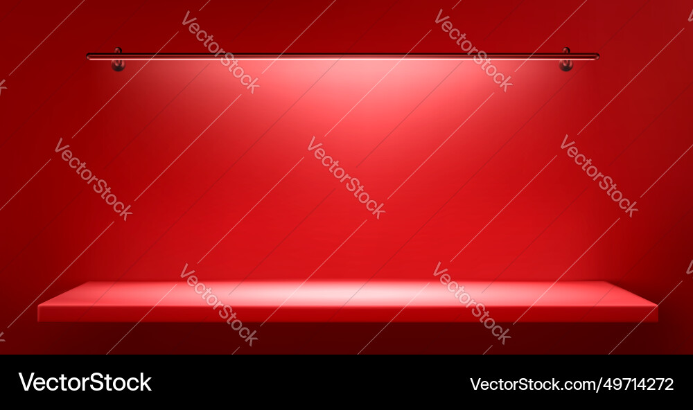 Red wall background with shelf and long lamp light vector image