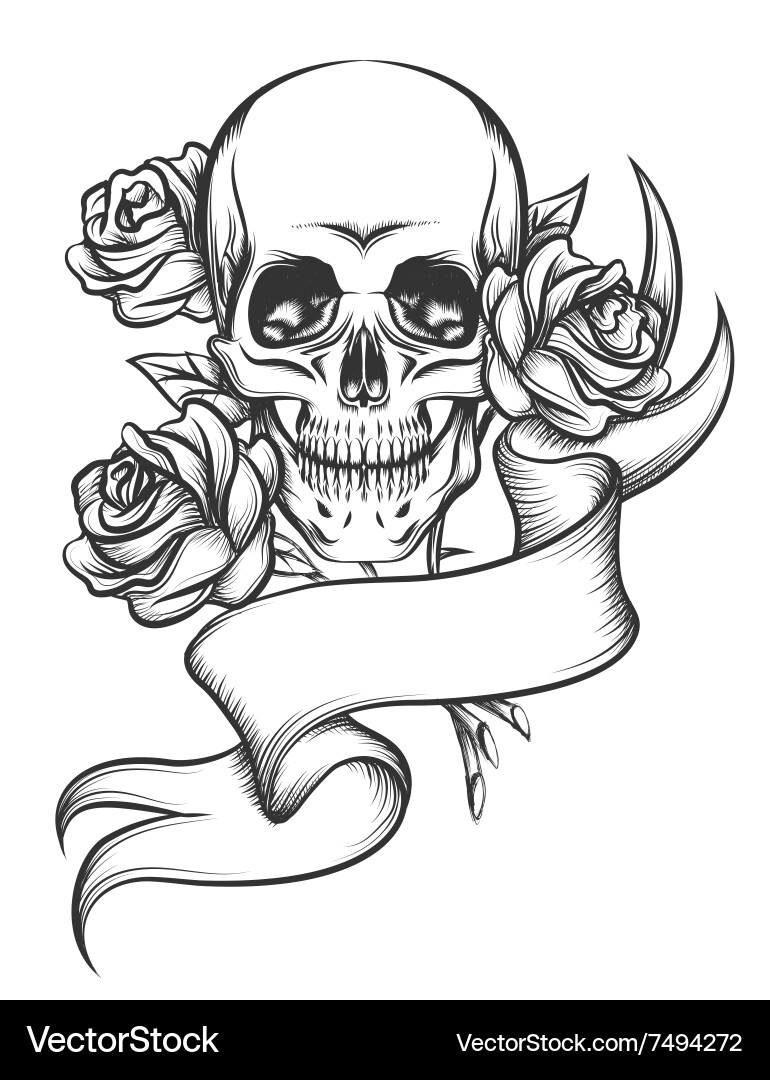 Skull with Roses and Ribbon Vector Image