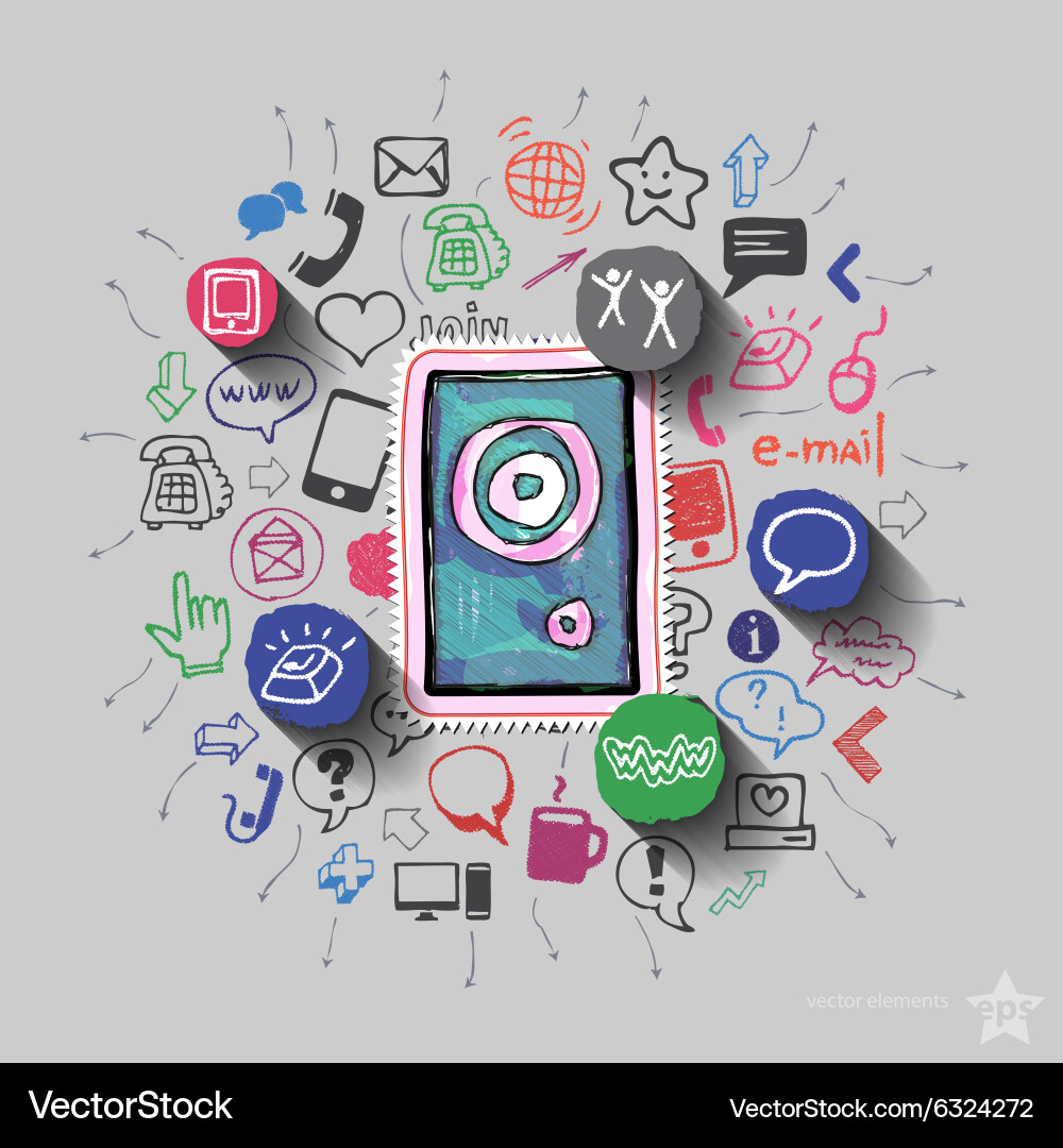 Speaker and collage with web icons background Vector Image