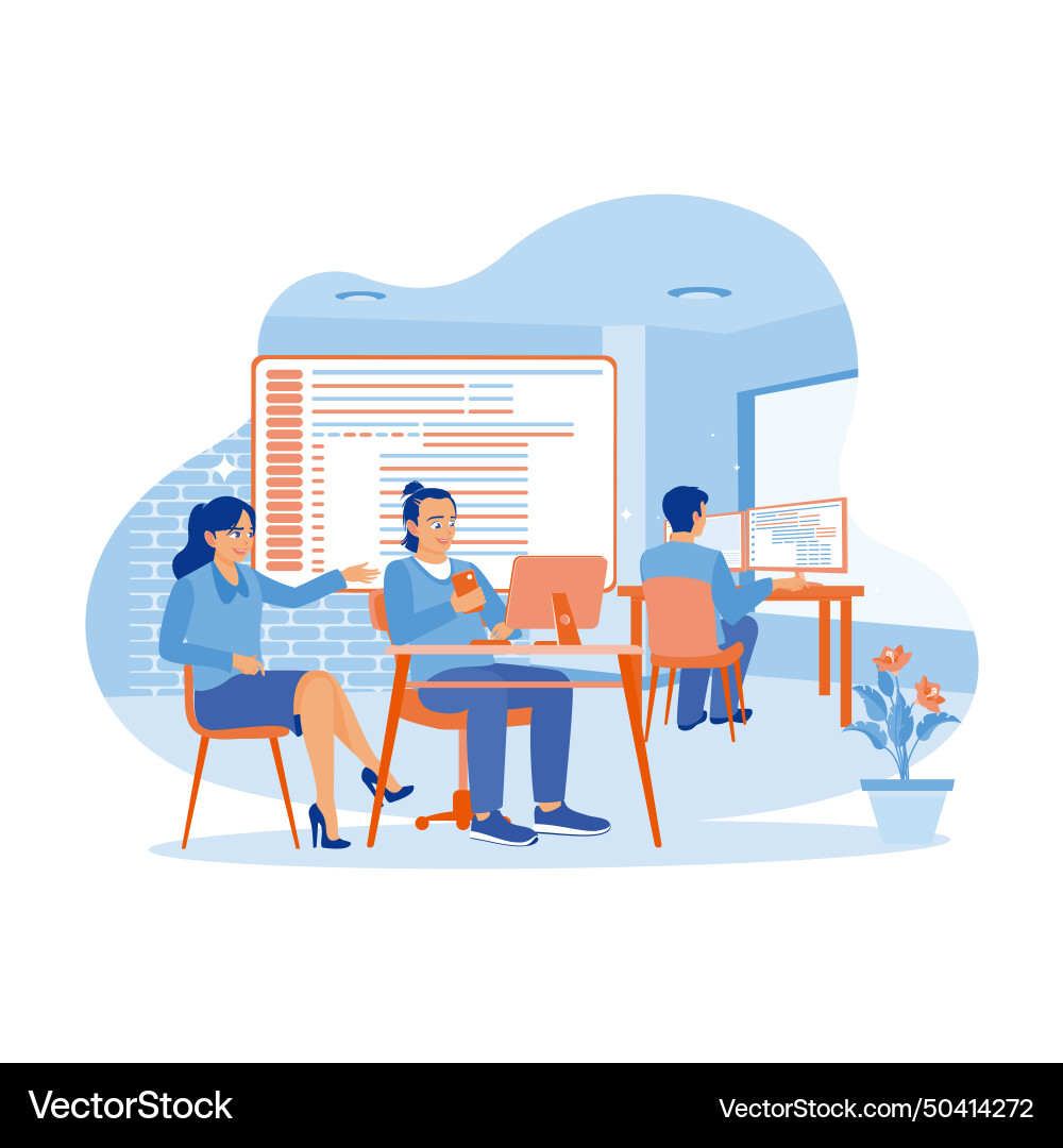 Team of software developers working in a modern Team of software developers working in a modern vector image
