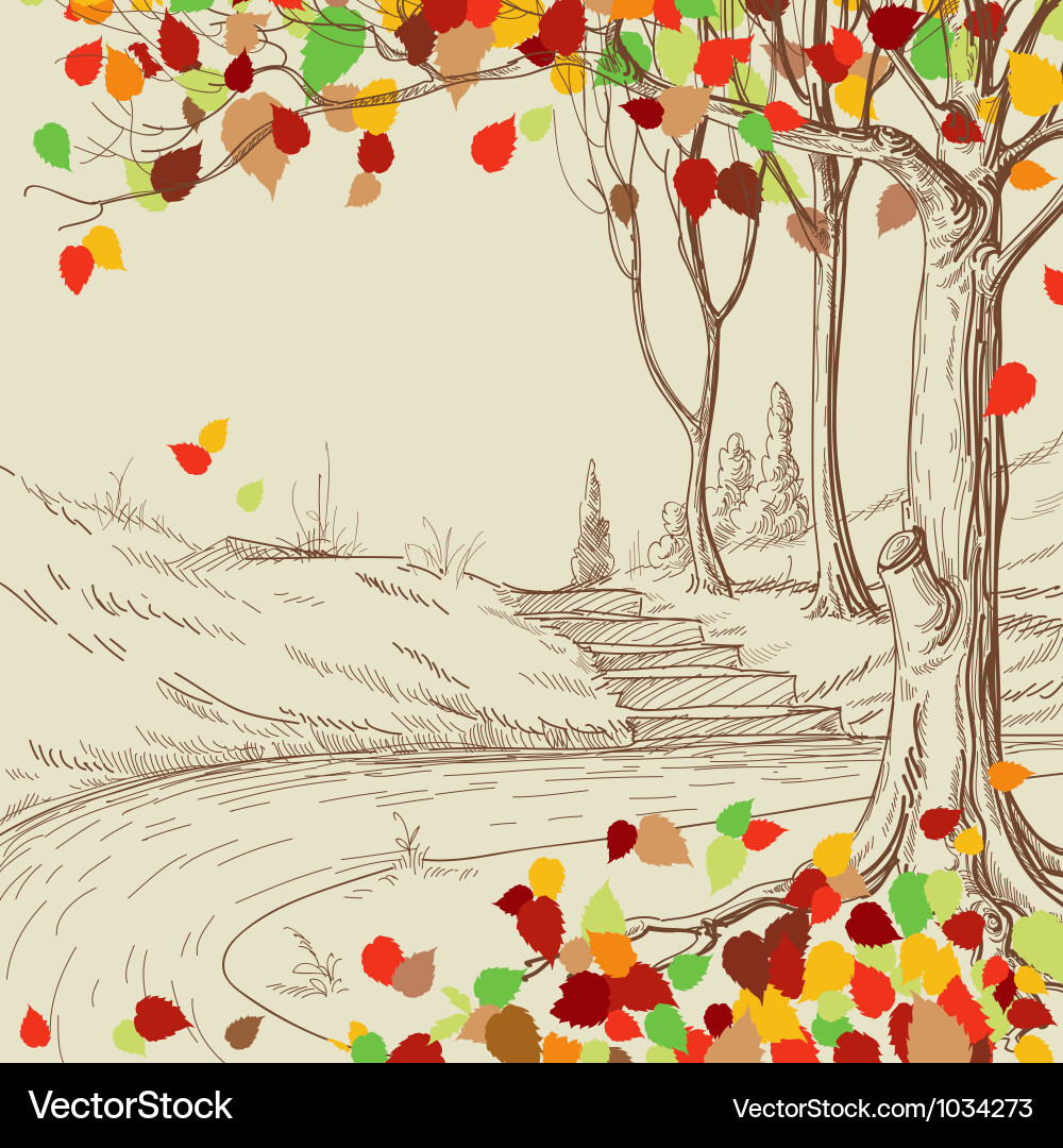 Autumn Park Sketch - Falling Leaves – Royalty-Free Vector | VectorStock, image size:1000x1080