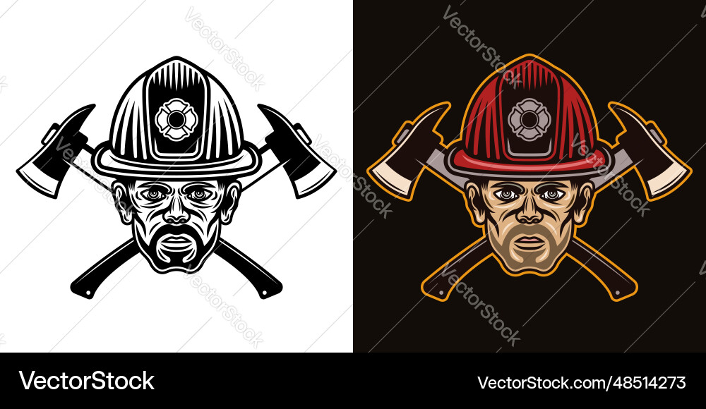 Feuermann Kopf im Feuerwehrhelm und zwei gekreuzt Feuermann Kopf im Feuerwehrhelm und zwei gekreuzt vektorbild