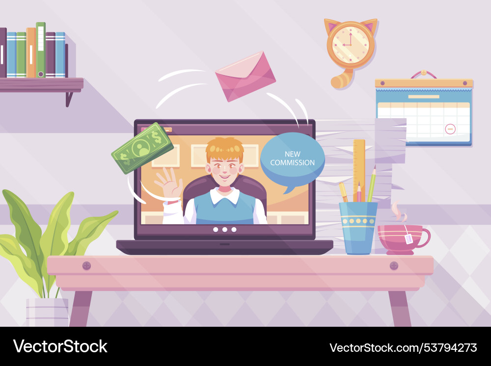Teleworking with a man on videocall computer Vector Image
