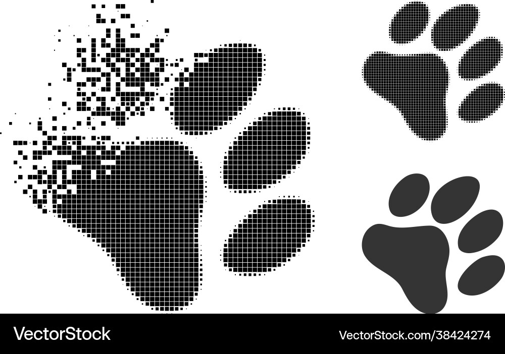 Decomposed pixel paw footprint icon with halftone Decomposed pixel paw footprint icon with halftone Vector Image