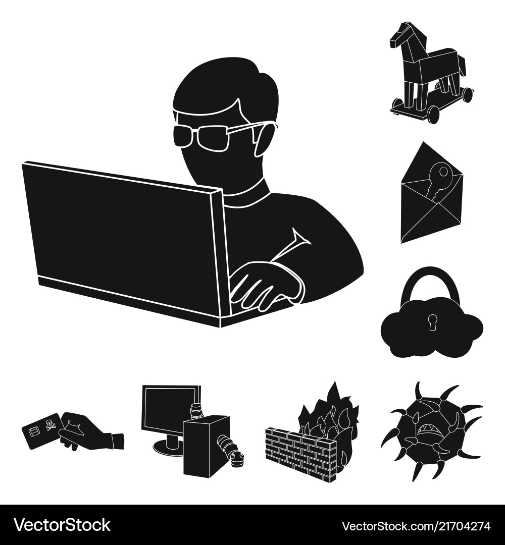 Hacker and hacking black icons in set collection Hacker and hacking black icons in set collection vector image