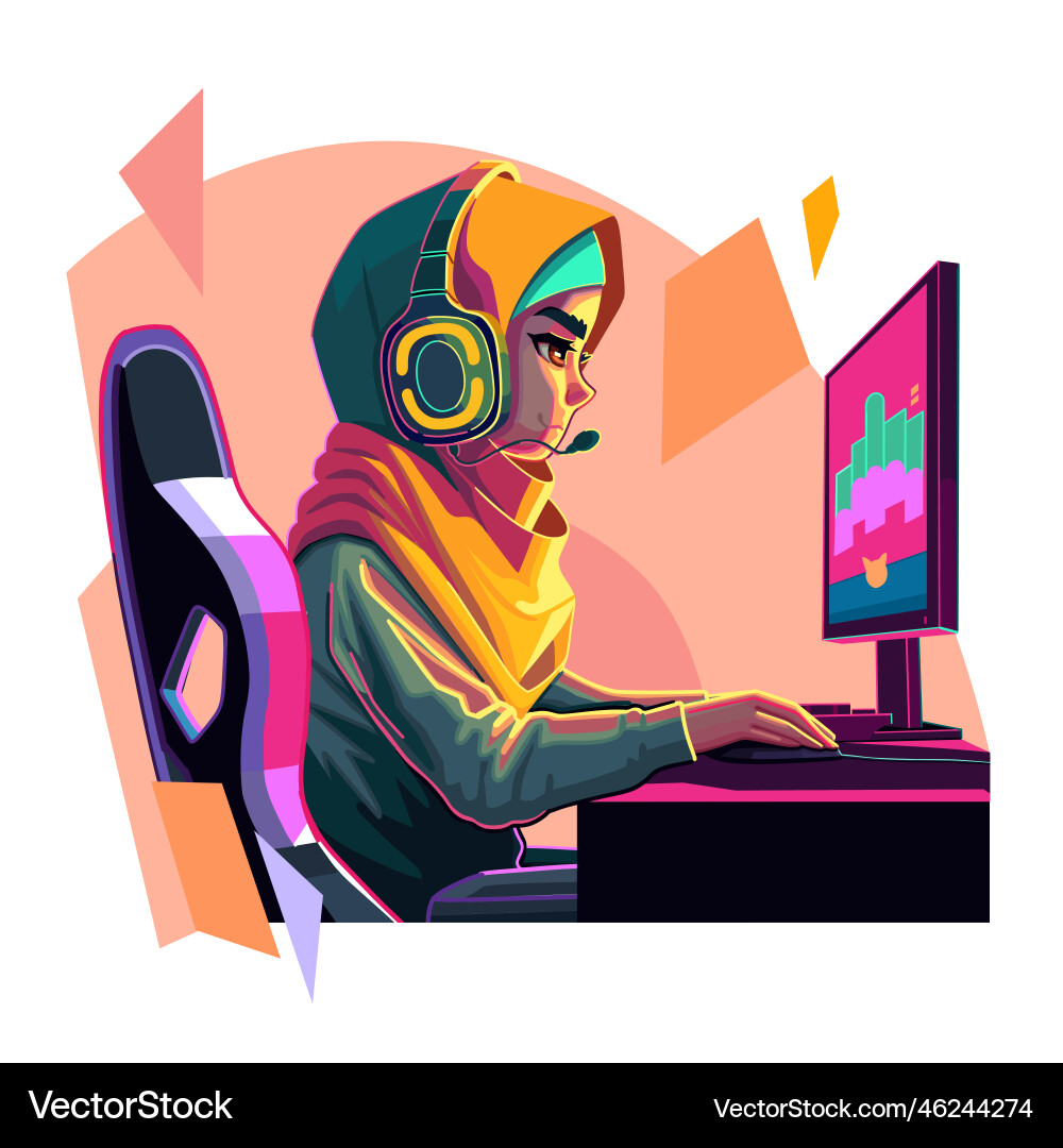 Mädchen Gamer oder Streamer mit einem Headset sitzt Mädchen Gamer oder Streamer mit einem Headset sitzt vektorbild