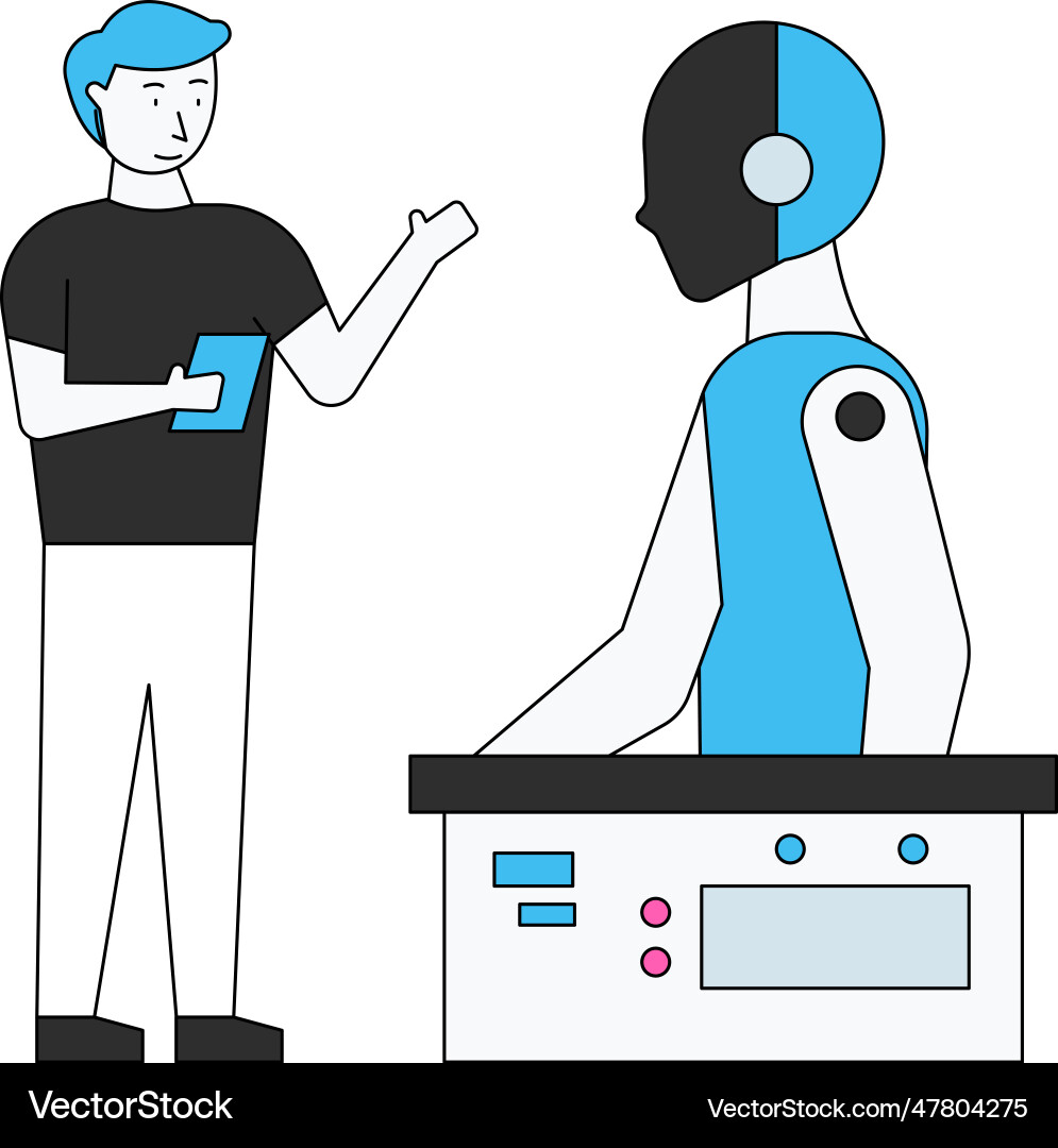 Boy is working on the functions of robot vector image
