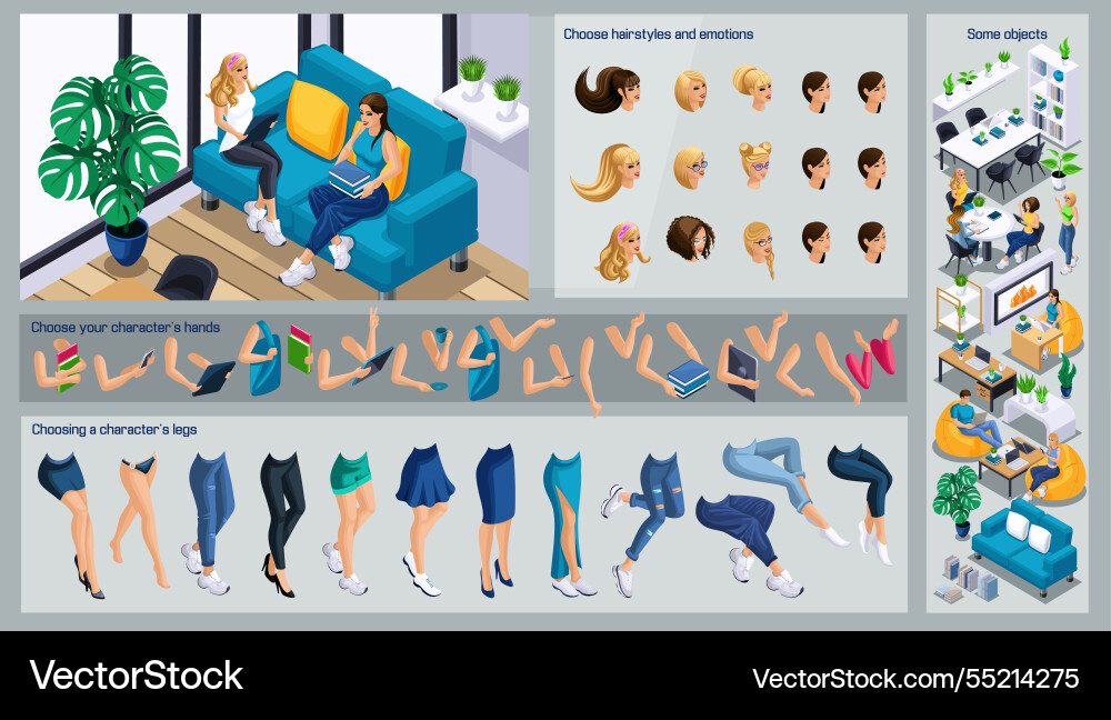 Isometric girl characters constructor for design Isometric girl characters constructor for design vector image