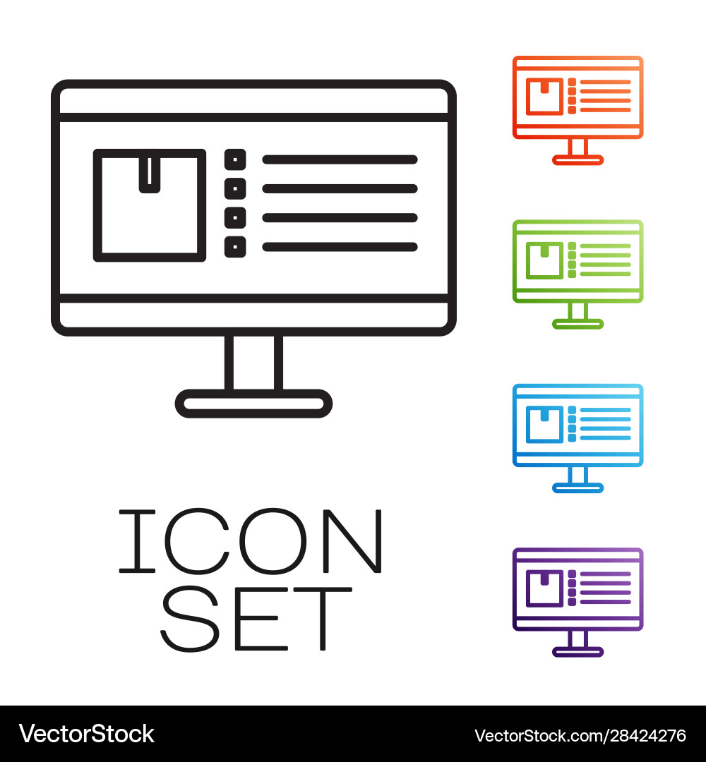 Black line computer monitor with app delivery Black line computer monitor with app delivery vector image
