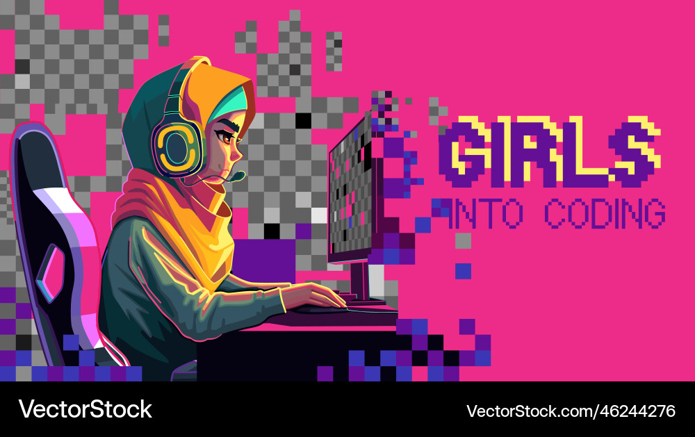 Girl programmer with a headset sits in front Girl programmer with a headset sits in front vector image
