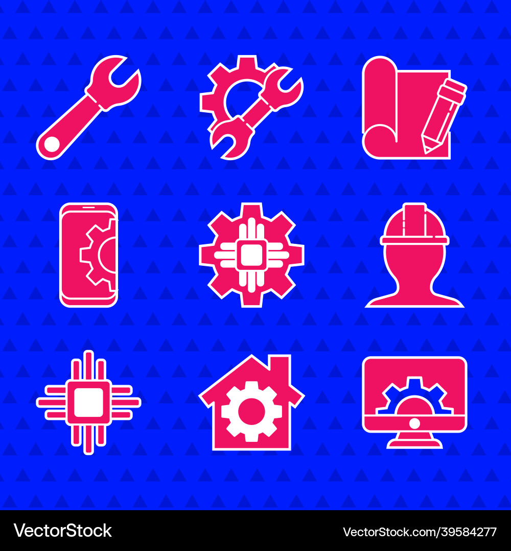Set processor house with gear computer monitor Set processor house with gear computer monitor vector image