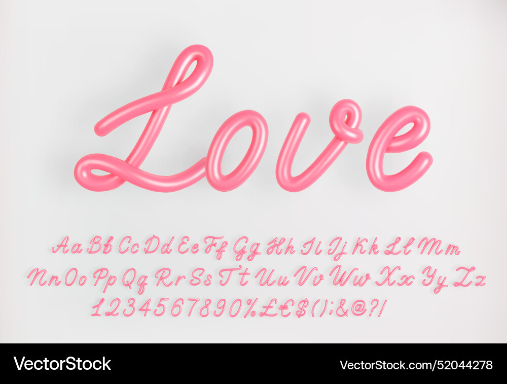 3d pink script alphabet with numbers on light 3d pink script alphabet with numbers on light vector image