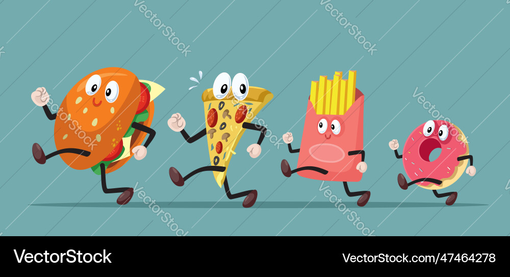 Fast food characters running together cartoon Fast food characters running together cartoon vector image