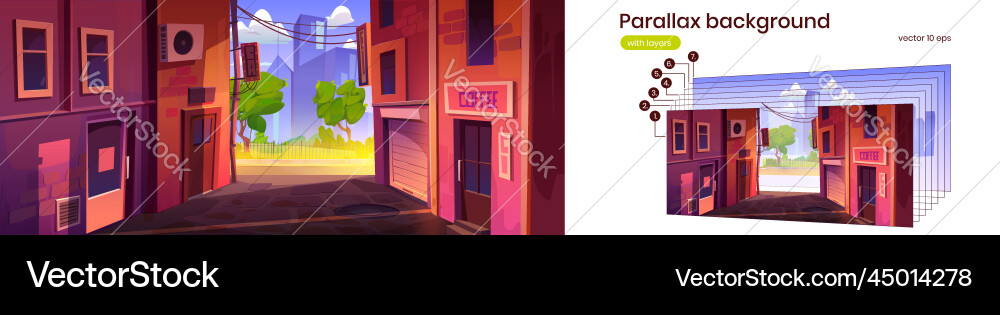 Parallax background with cityscape alleyway Parallax background with cityscape alleyway vector image