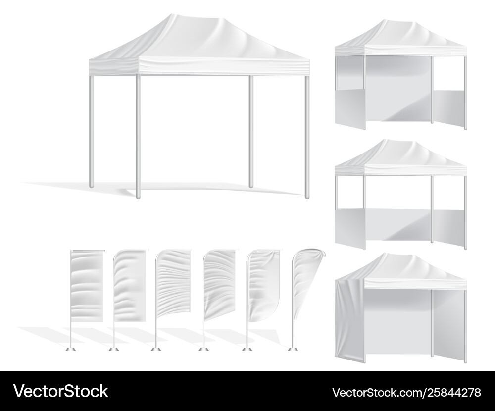 Promotional outdoor mobile tents and flags mock Promotional outdoor mobile tents and flags mock Vector Image