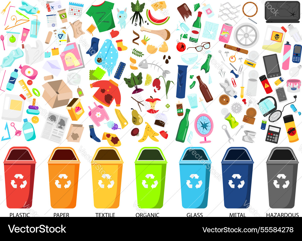 Waste sorting big collection of garbage types Waste sorting big collection of garbage types vector image