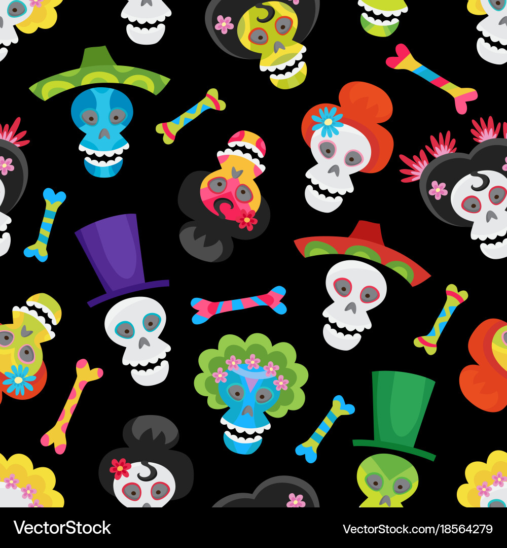 Seamless pattern with colorful skulls and bones Vector Image