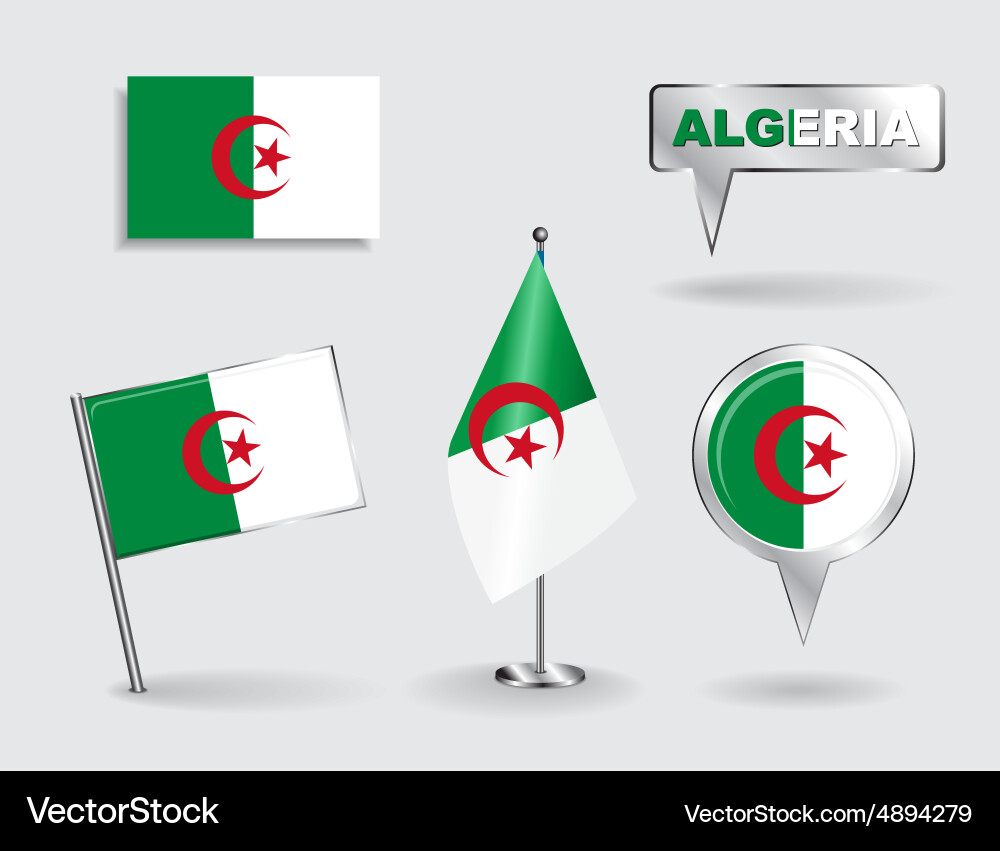 Set of algerian pin icon and map pointer flags vector image