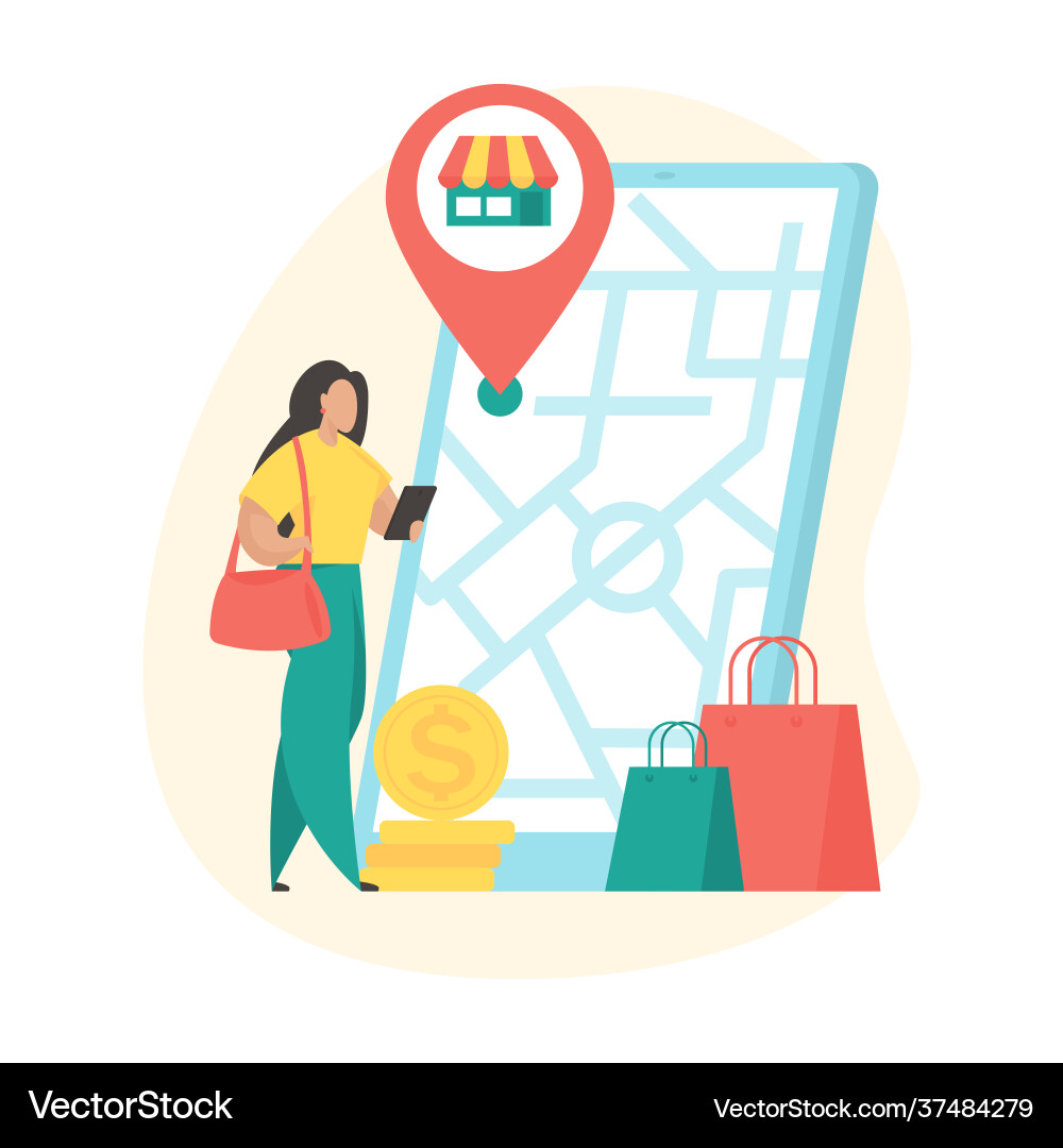 Store location smartphone screen with shop on map Store location smartphone screen with shop on map vector image