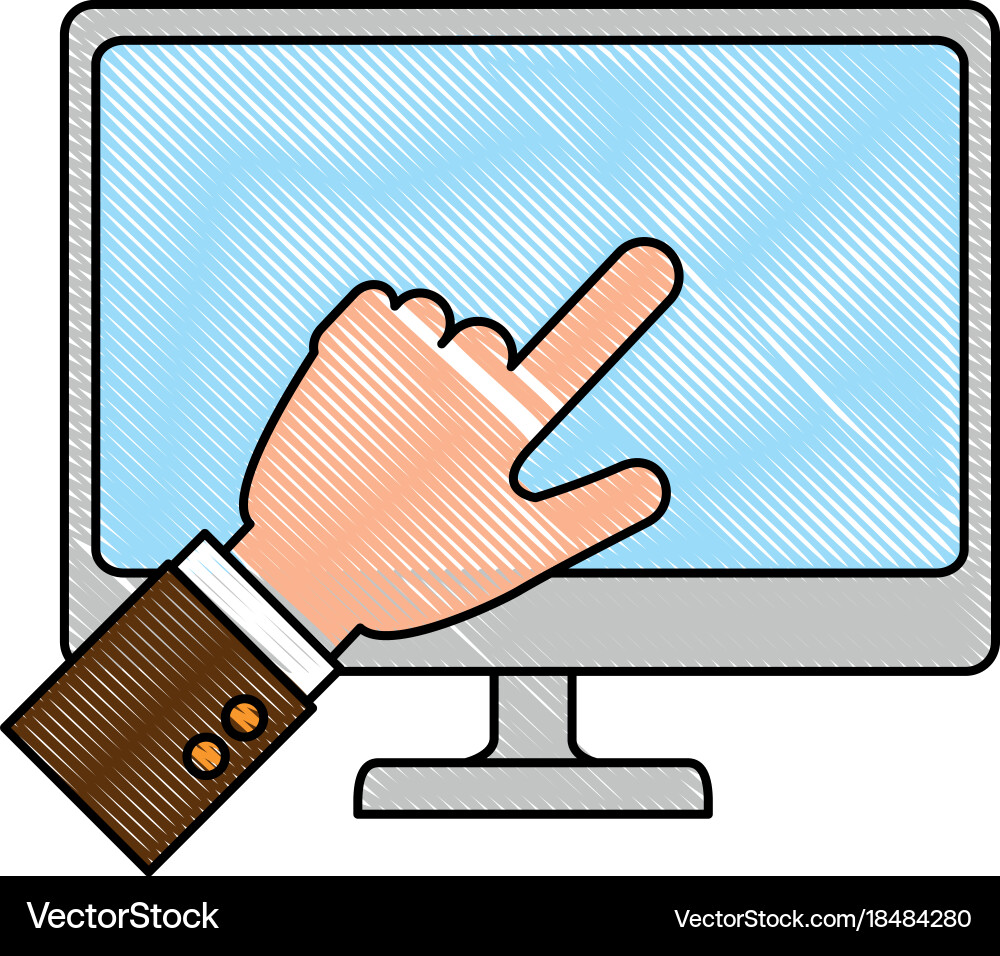 Desktop computer with hand touching Vector Image