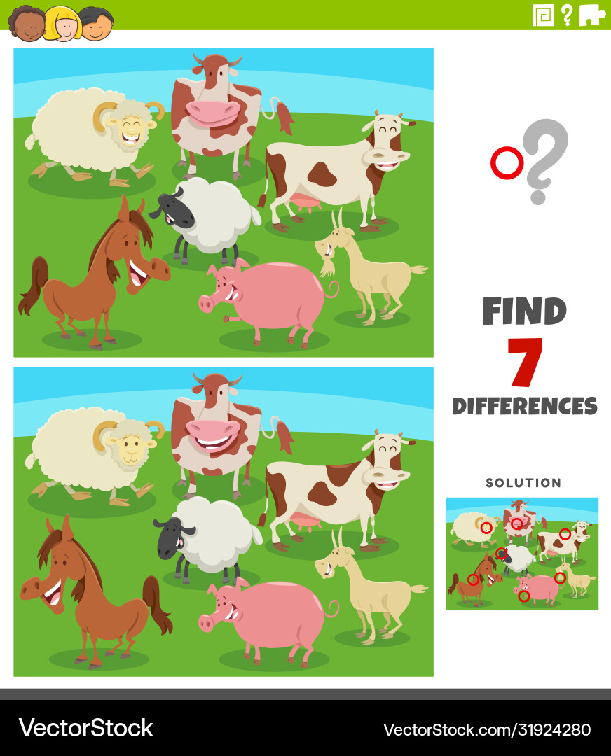 Differences educational game with comic farm Vector Image