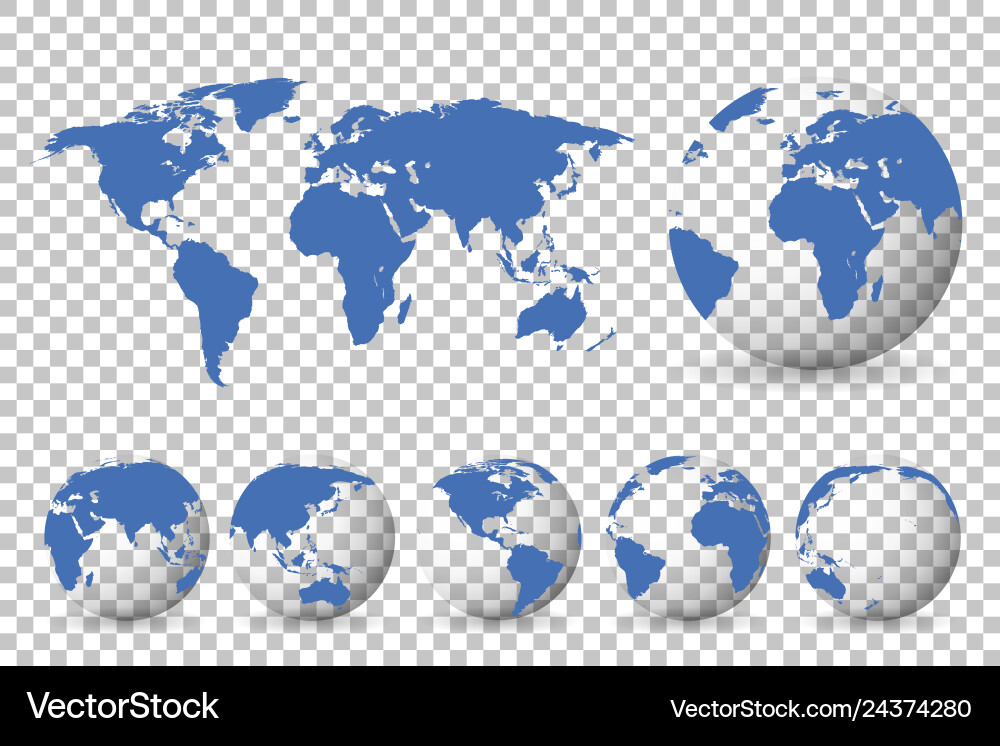 Set of globes with different continents and a map Set of globes with different continents and a map vector image