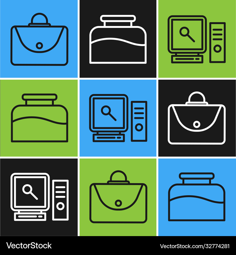 Set line briefcase search on computer screen Set line briefcase search on computer screen vector image