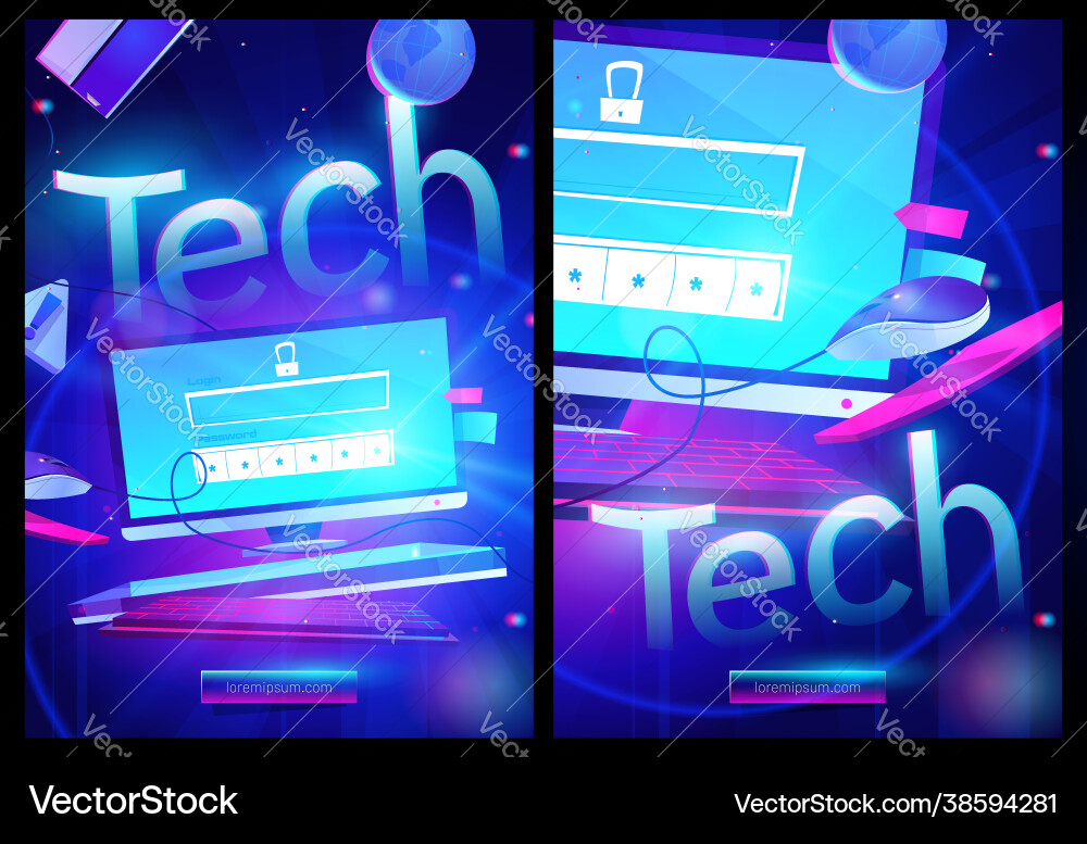 Tech cartoon poster computer desktop with password Tech cartoon poster computer desktop with password vector image
