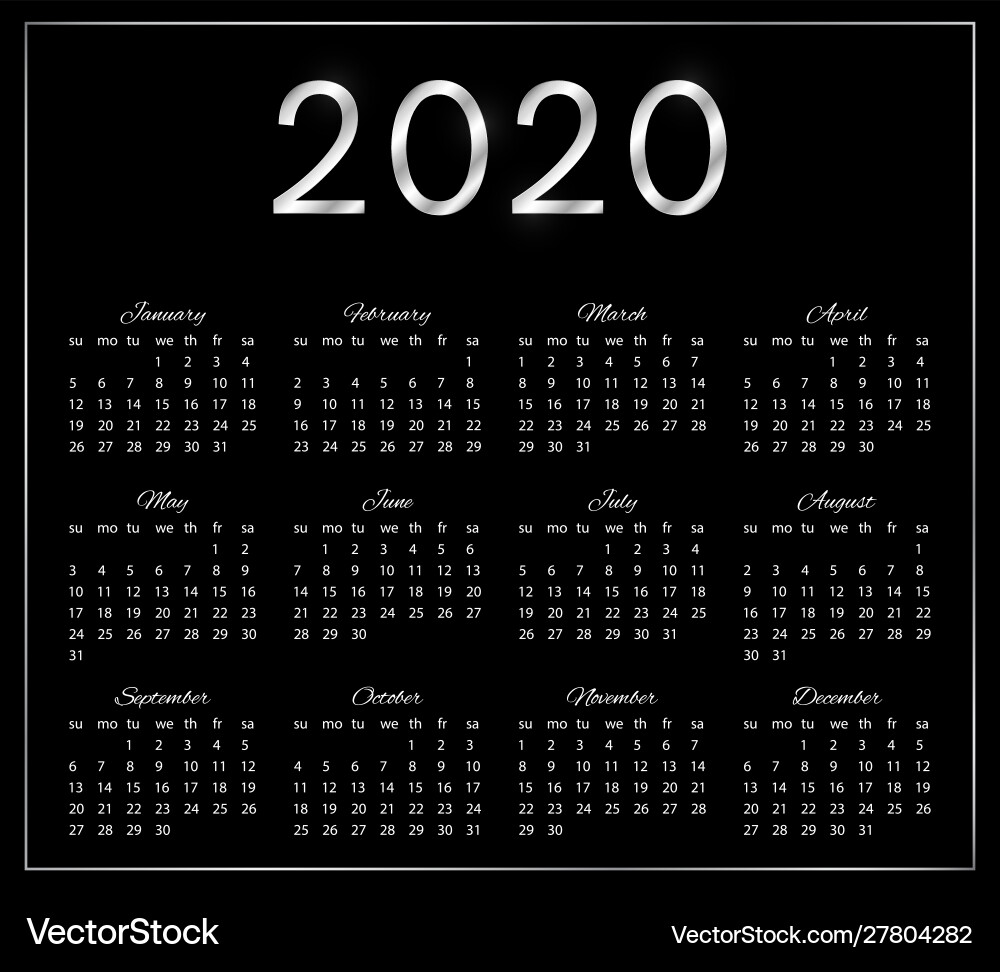 2020 elegant calendar on black background 2020 elegant calendar on black background vector image