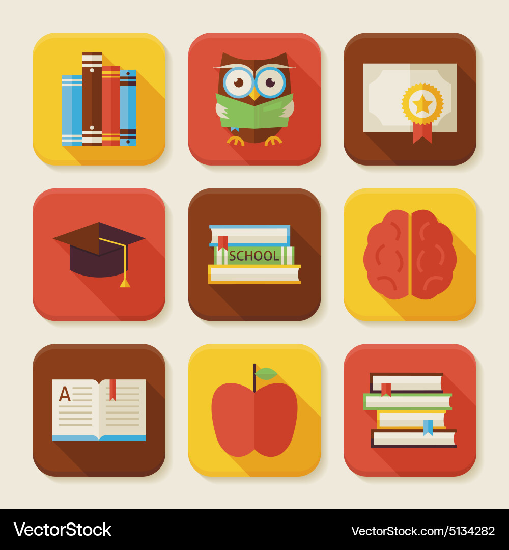 Flat reading knowledge and books squared app icons vector image
