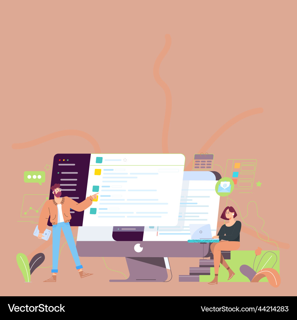 Couple drawing using desktop computer helping Vector Image