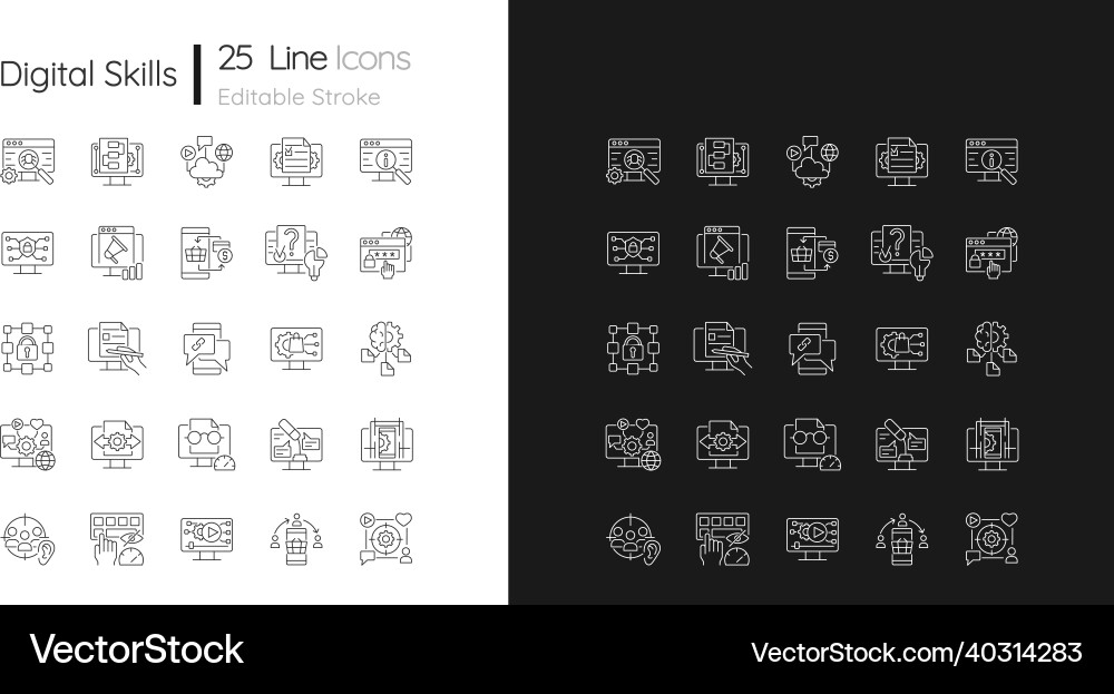 Digital skills linear icons set for dark Digital skills linear icons set for dark vector image
