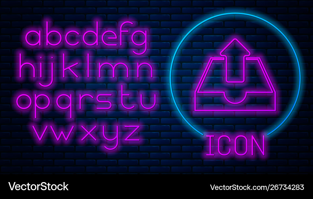 Glowing neon upload inbox icon isolated on brick Glowing neon upload inbox icon isolated on brick vector image