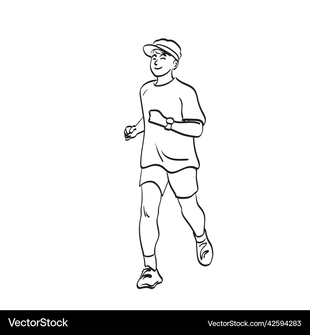 Line art smiling man with cap running Line art smiling man with cap running vector image