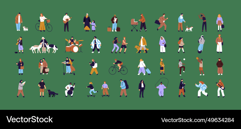 Tiny people set characters walking dog in city Tiny people set characters walking dog in city vector image