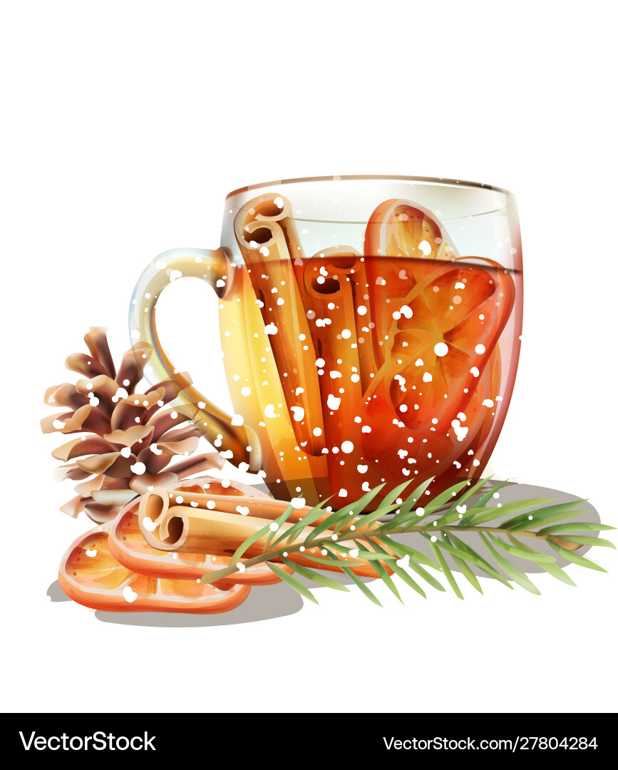 Winter cup tea with cinnamon and orange slices Winter cup tea with cinnamon and orange slices vector image